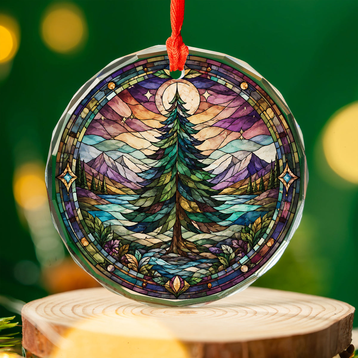 Vintage Christmas Tree Ornament 2026, Holiday Winter Landscape Decor, Stained Glass Inspired Christmas Keepsake