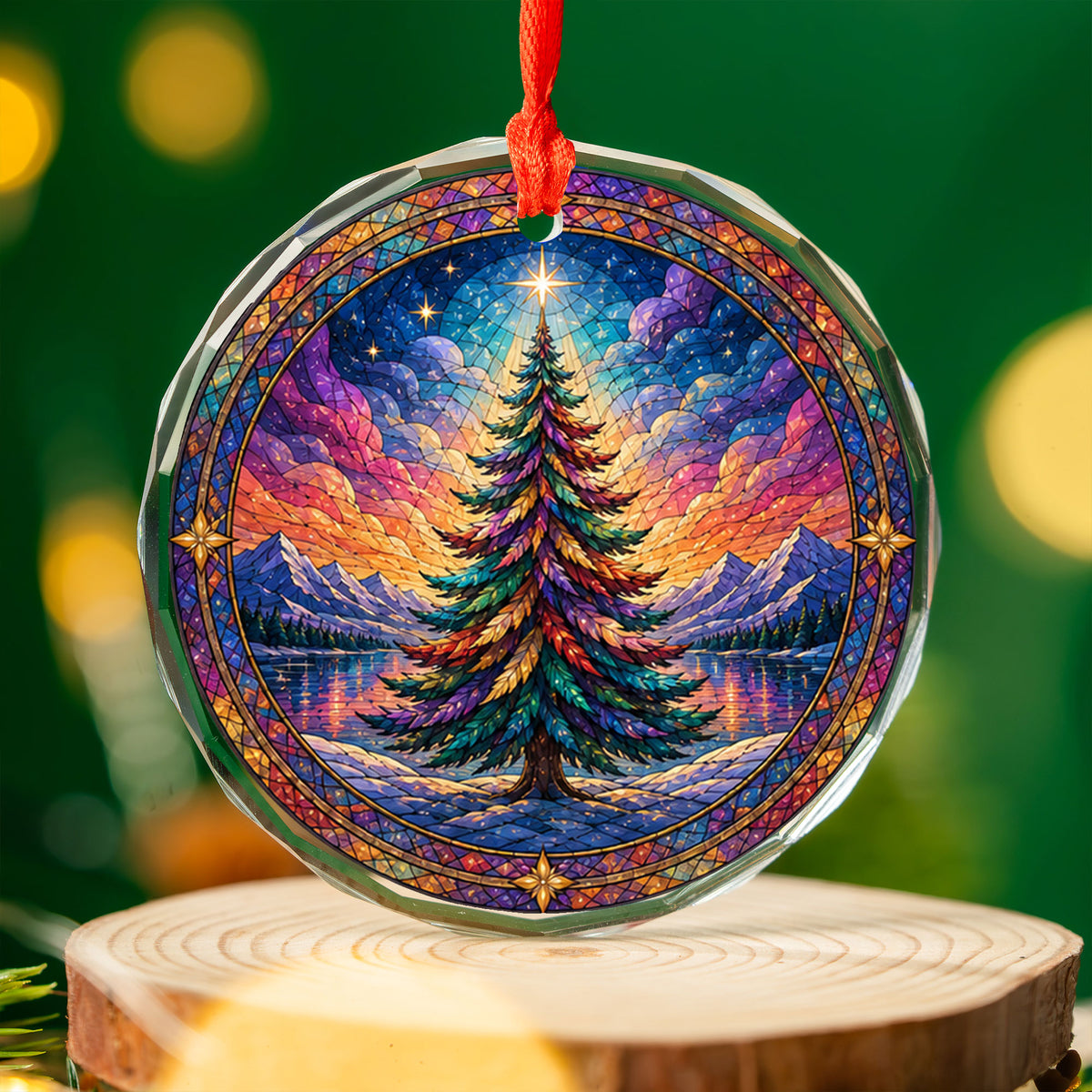 Colorful Stained Glass Style Christmas Tree Ornament 2026, Winter Mountain Lake Suncatcher Style