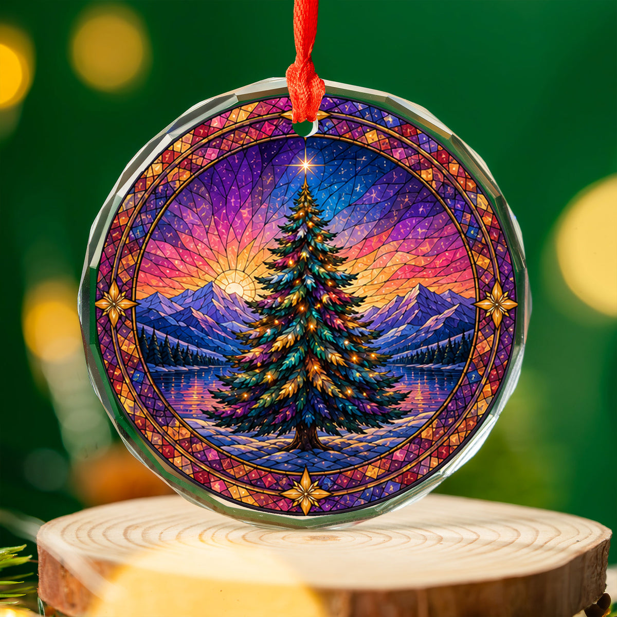 Colorful Christmas Ornament 2026, Rainbow Evergreen Tree with Winter Mountain Scene, Holiday Tree Decor