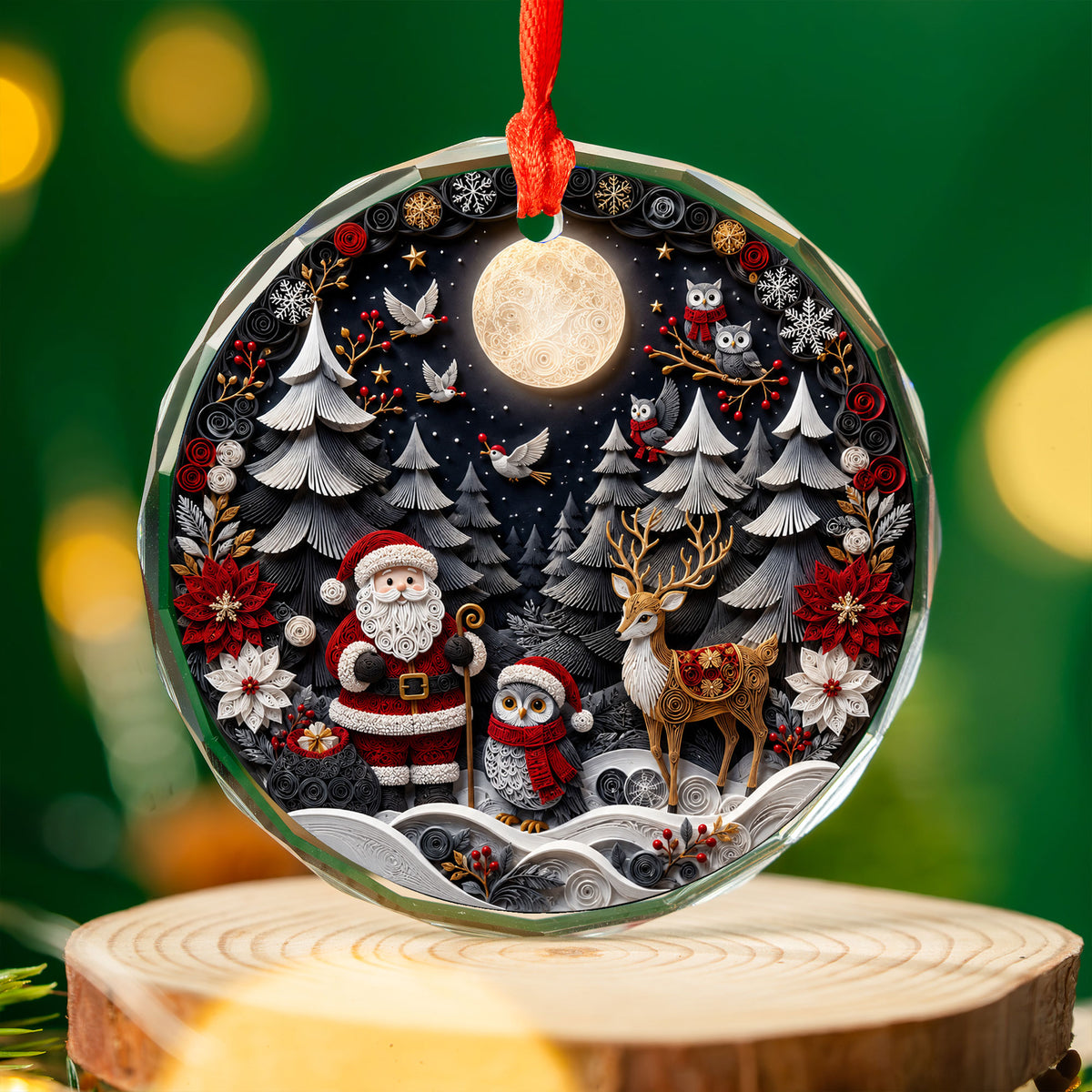 Santa Woodland Christmas Ornament 2026, Owl Deer Robin Winter Forest Cabin Christmas Tree Decoration, Holiday Keepsake Gift for Family