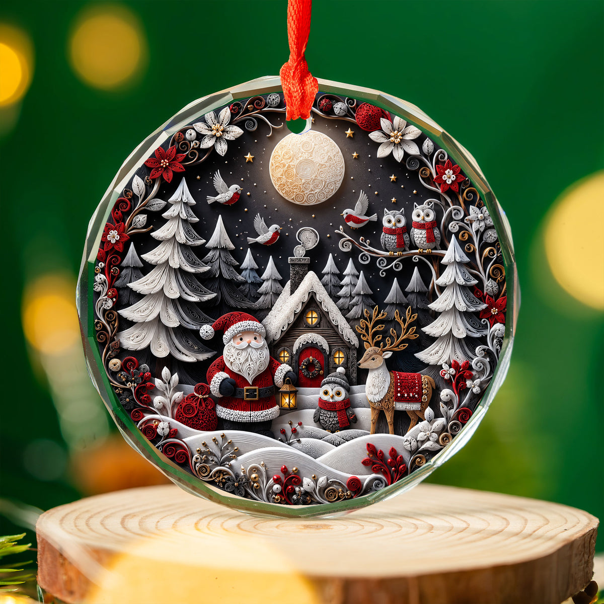 Holiday Christmas Ornament 2026, Santa Owl Deer Robin Forest Cabin Winter Scene, Christmas Tree Decoration, Festive Keepsake Gift