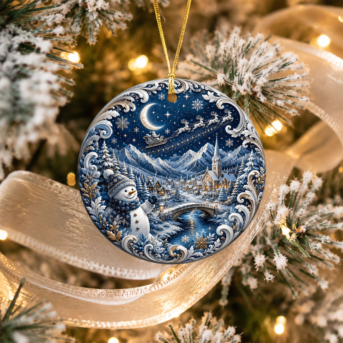 Christmas Tree Ornament 2026 with Snowman and Winter Village, Blue Ceramic Ornament, Holiday Decoration
