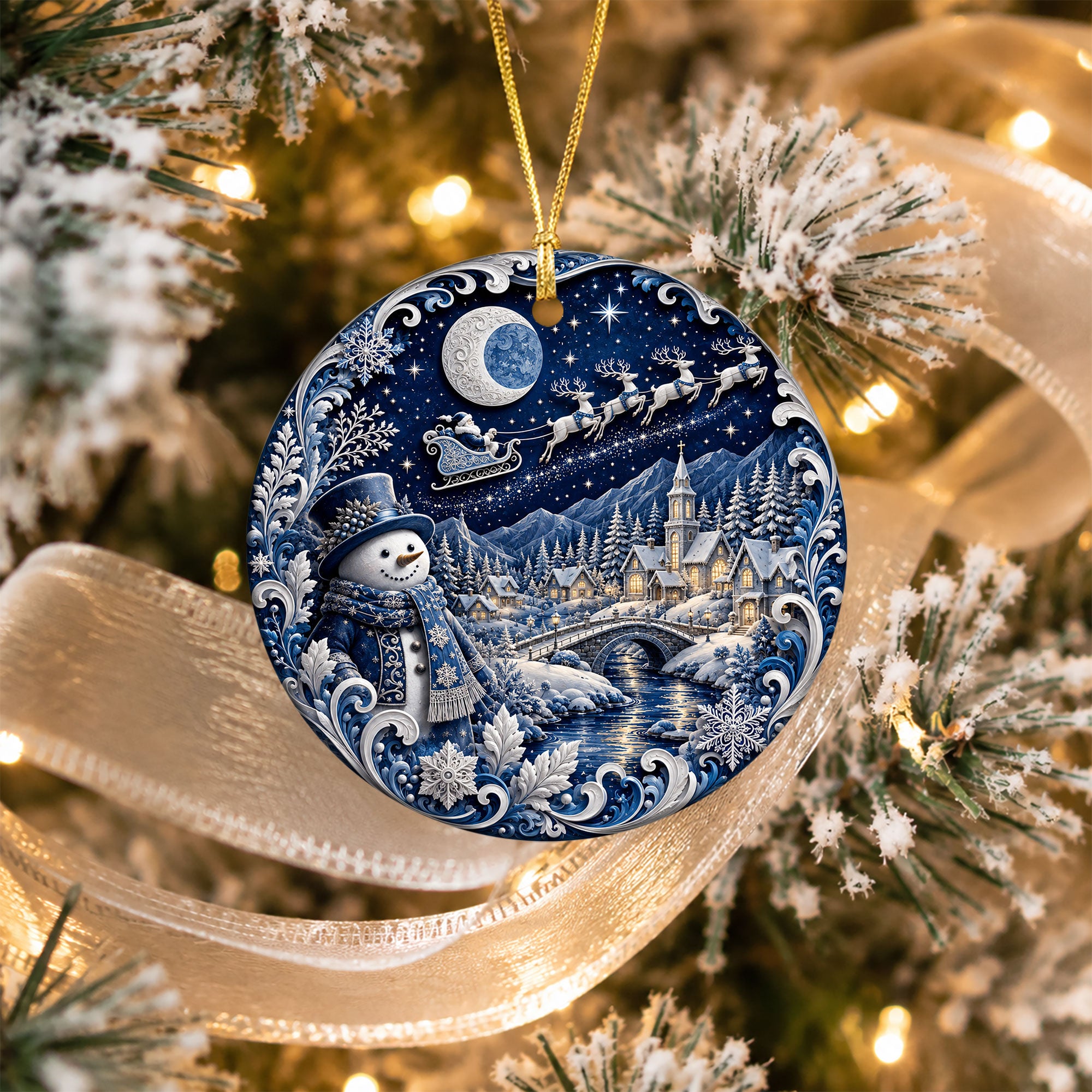Blue Christmas Village Ornament 2026, Snowman Holiday Ornament, Ceramic Christmas Decoration
