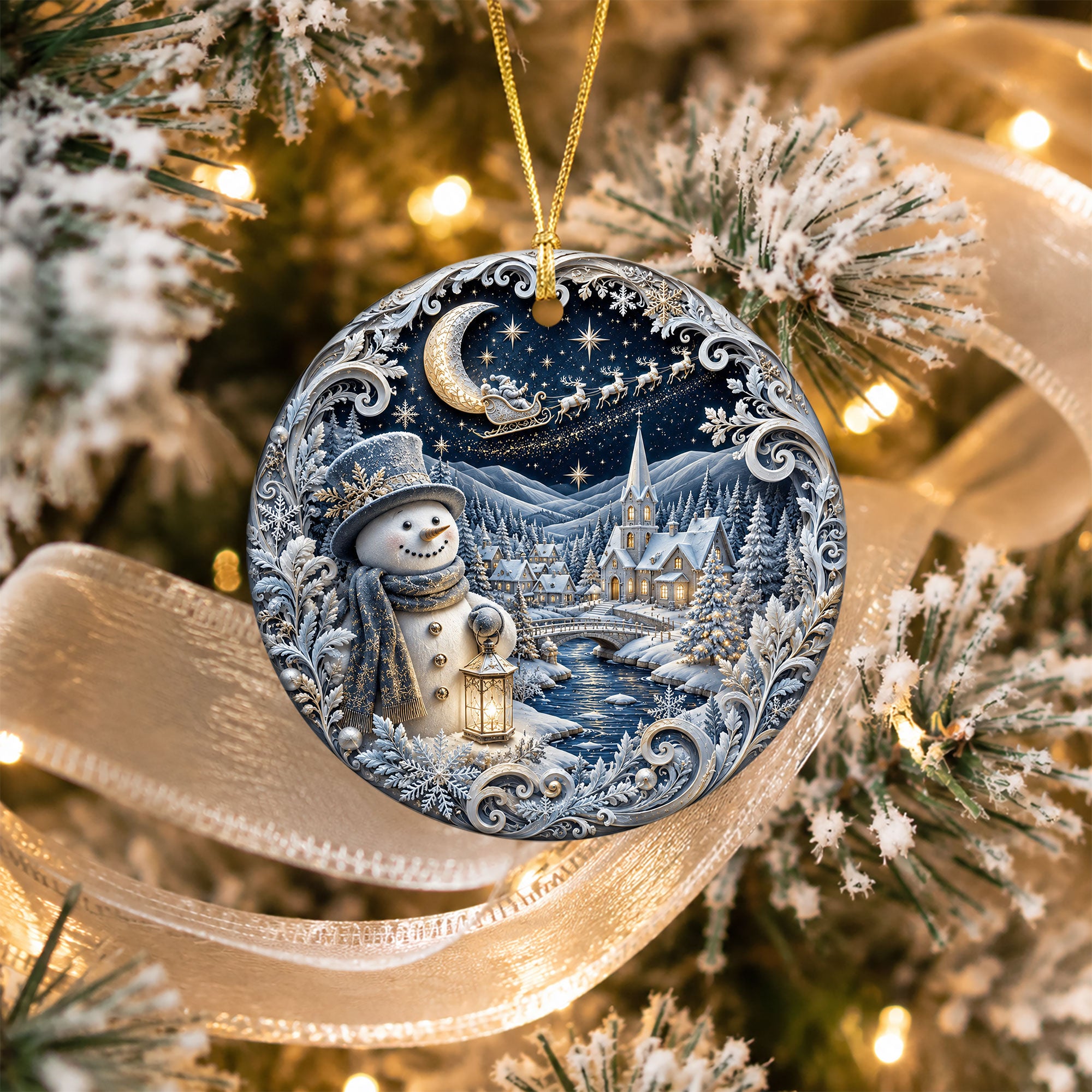 Blue Christmas Village Ornament 2026, Snowman Holiday Ornament, Ceramic Christmas Decoration, Winter Home Decor
