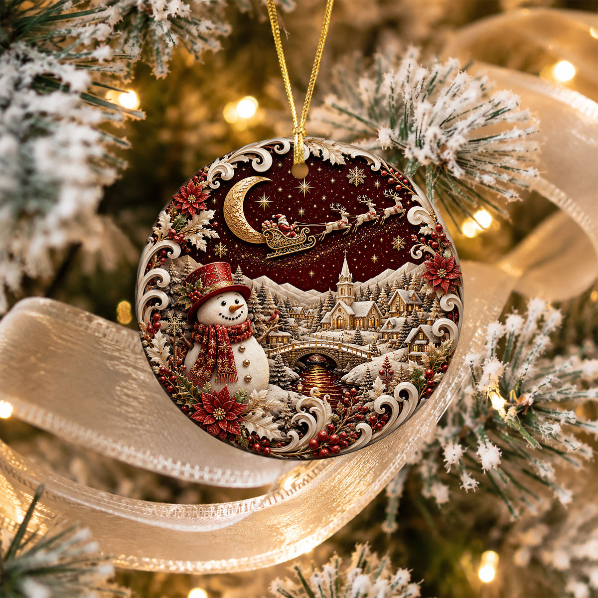 Red Snowman Christmas Ornament 2026, Winter Village Tree Ornament, Ceramic Holiday Decoration