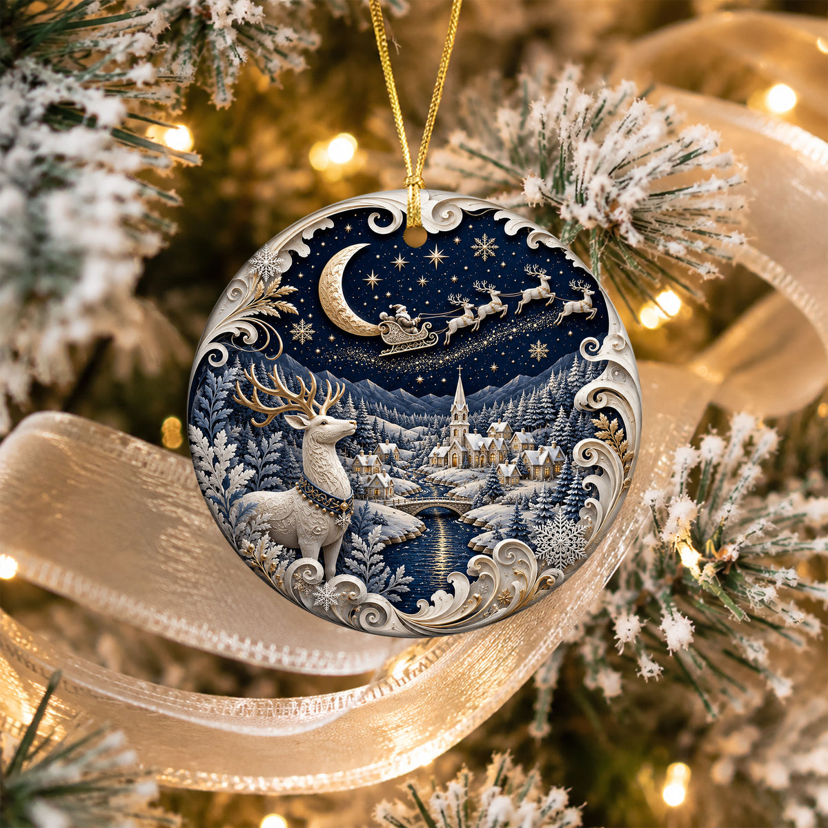 Deer Christmas Ornament 2026, Blue Winter Tree Ornament, Ceramic Christmas Decoration, Holiday Keepsake Gift