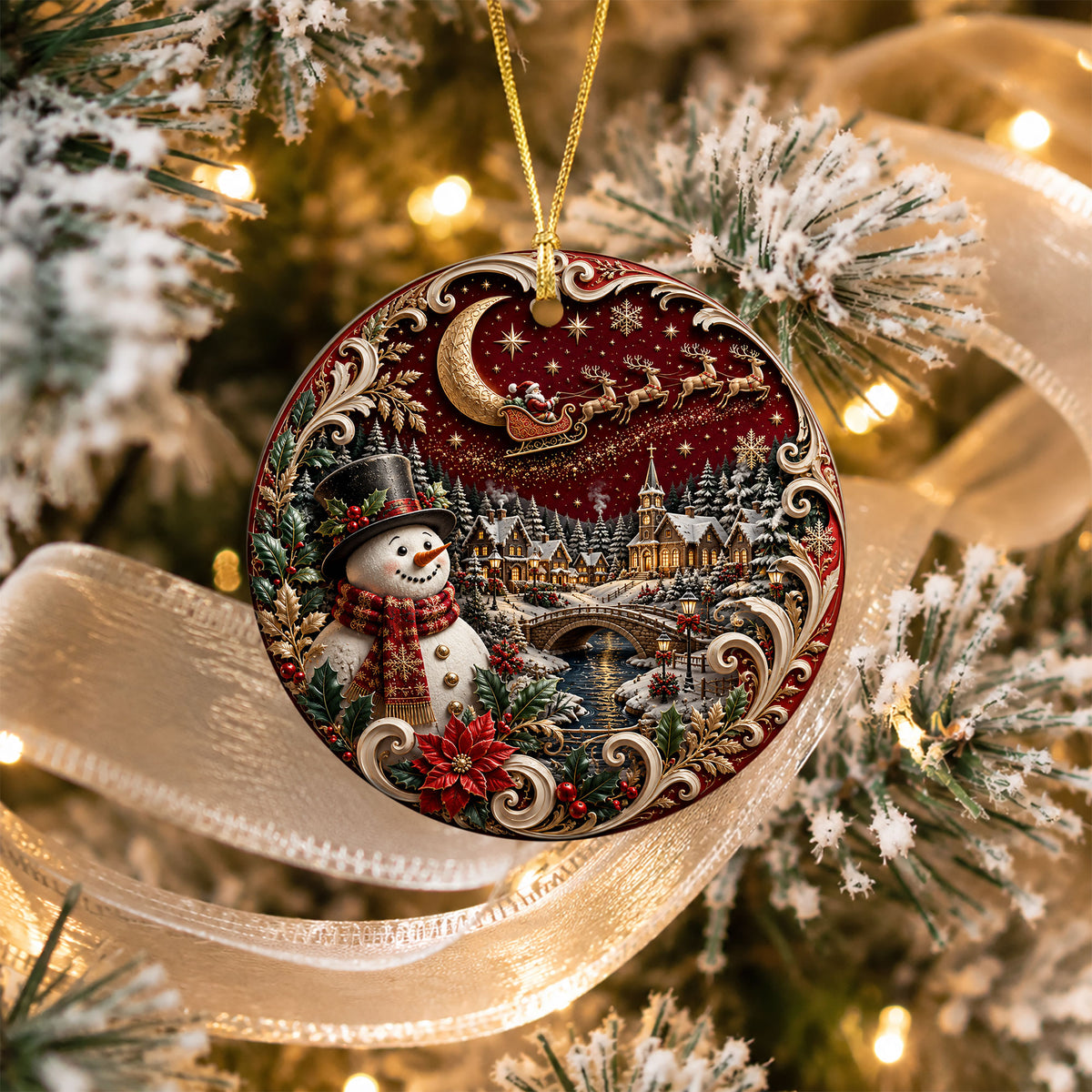 Christmas Tree Ornament 2026 with Snowman and Winter Village, Red Ceramic Ornament, Holiday Decoration
