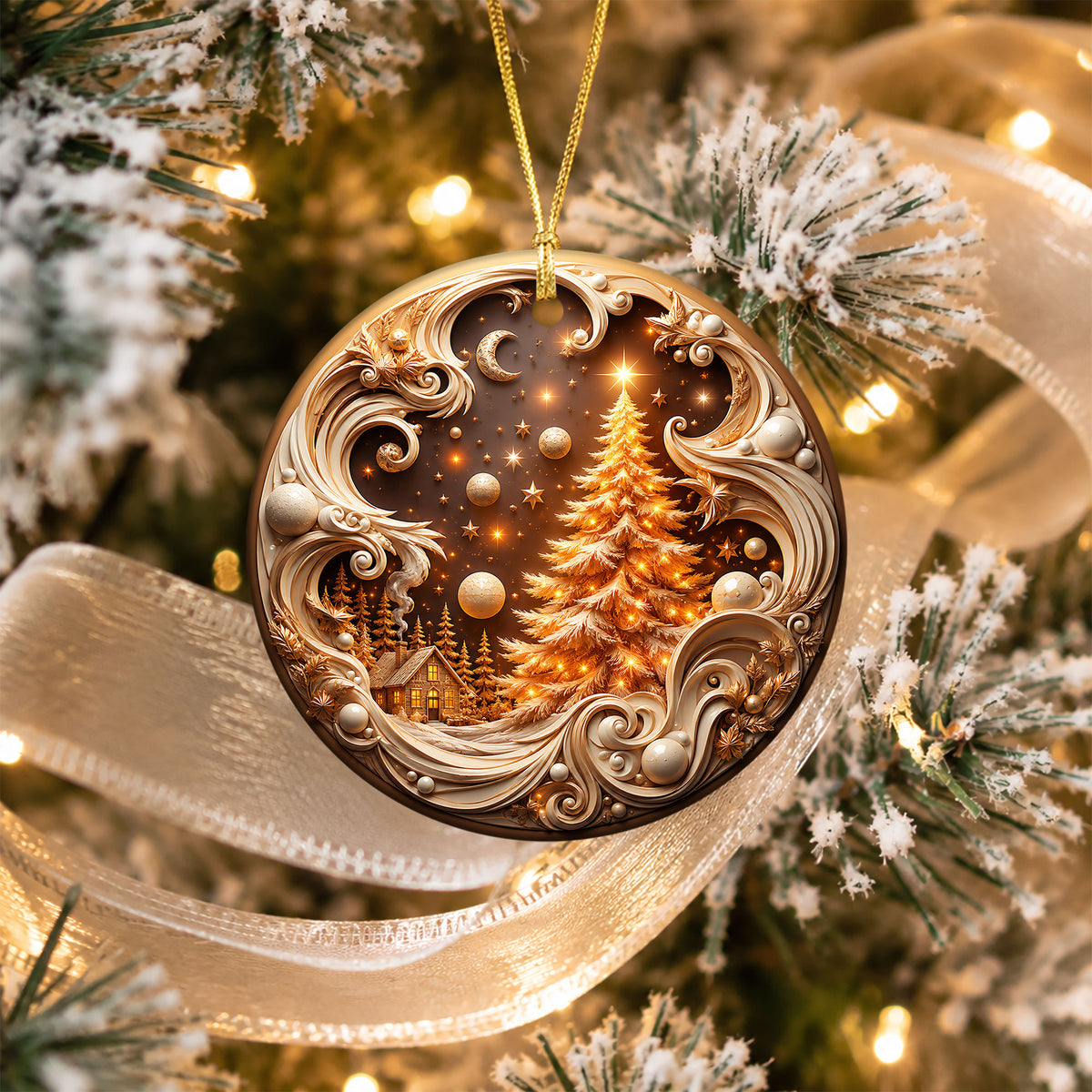 2026 Golden Christmas Tree Ornament, Winter Village Christmas Ornament, Elegant Holiday Tree Decoration