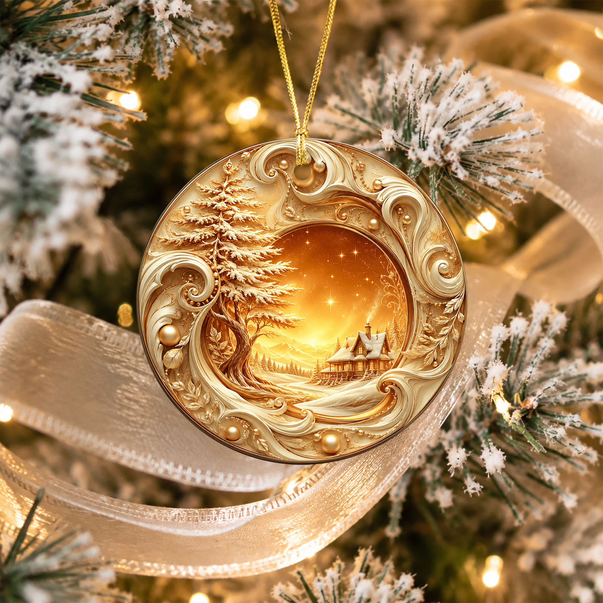 Golden Christmas Tree Ornament 2026, Tree of Life Ceramic Ornament, Winter Landscape Holiday Decoration, Christmas Gift Keepsake