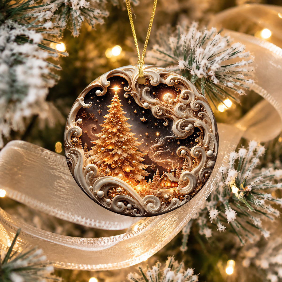 Elegant Christmas Tree Ornament 2026, Golden Winter Landscape Ornament, Holiday Keepsake Decoration