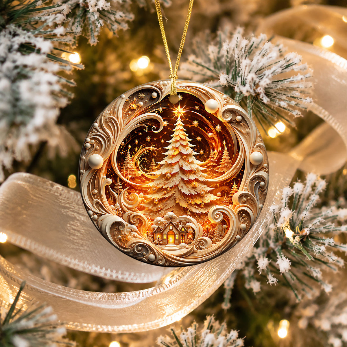 Ceramic Christmas Tree Ornament 2026, Gold Christmas Decoration, Holiday Keepsake Ornament, Christmas Gift for Home and Family