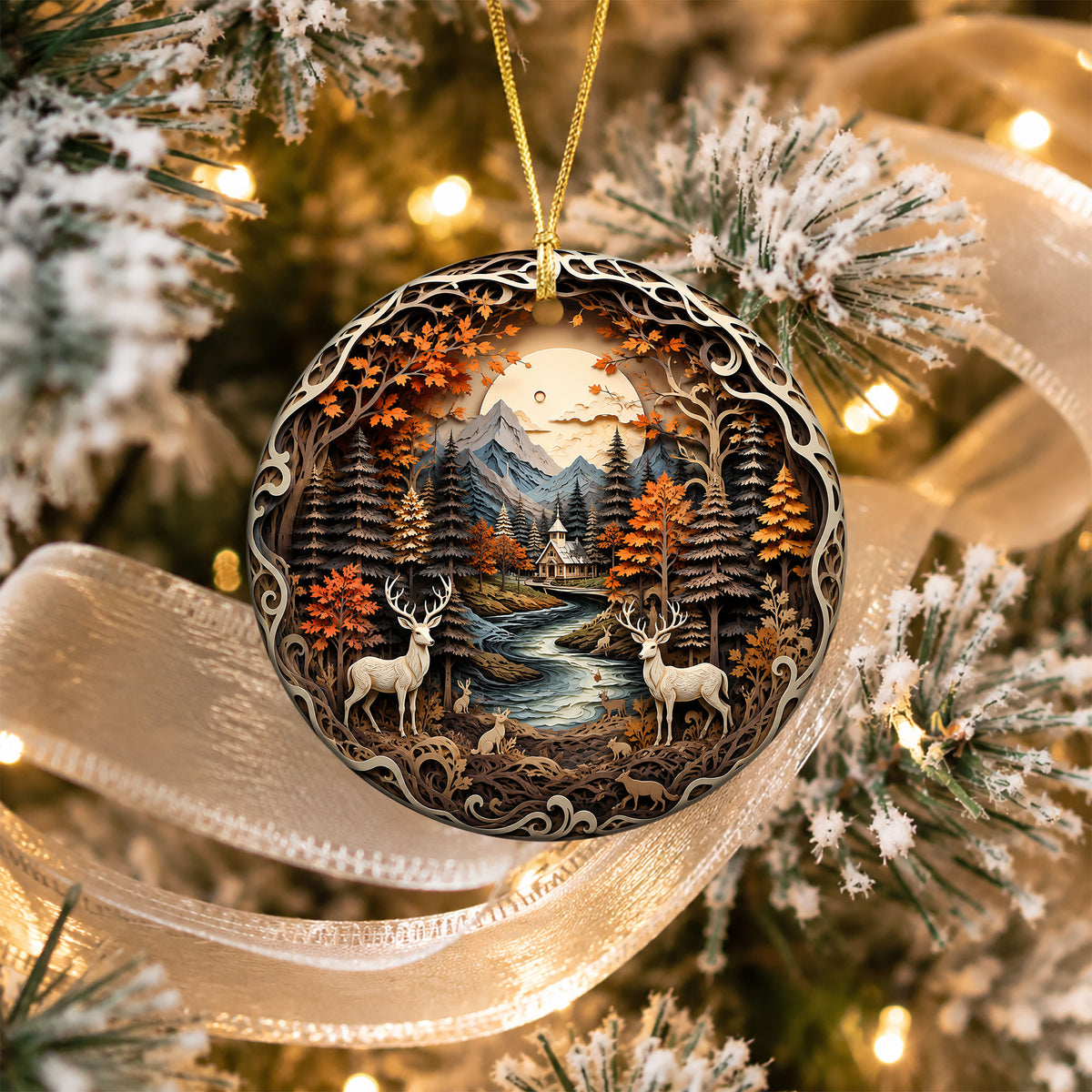 Deer Forest Christmas Ornament 2026, Woodland Christmas Decor, Rustic Cabin Ornament, Winter Deer Scene