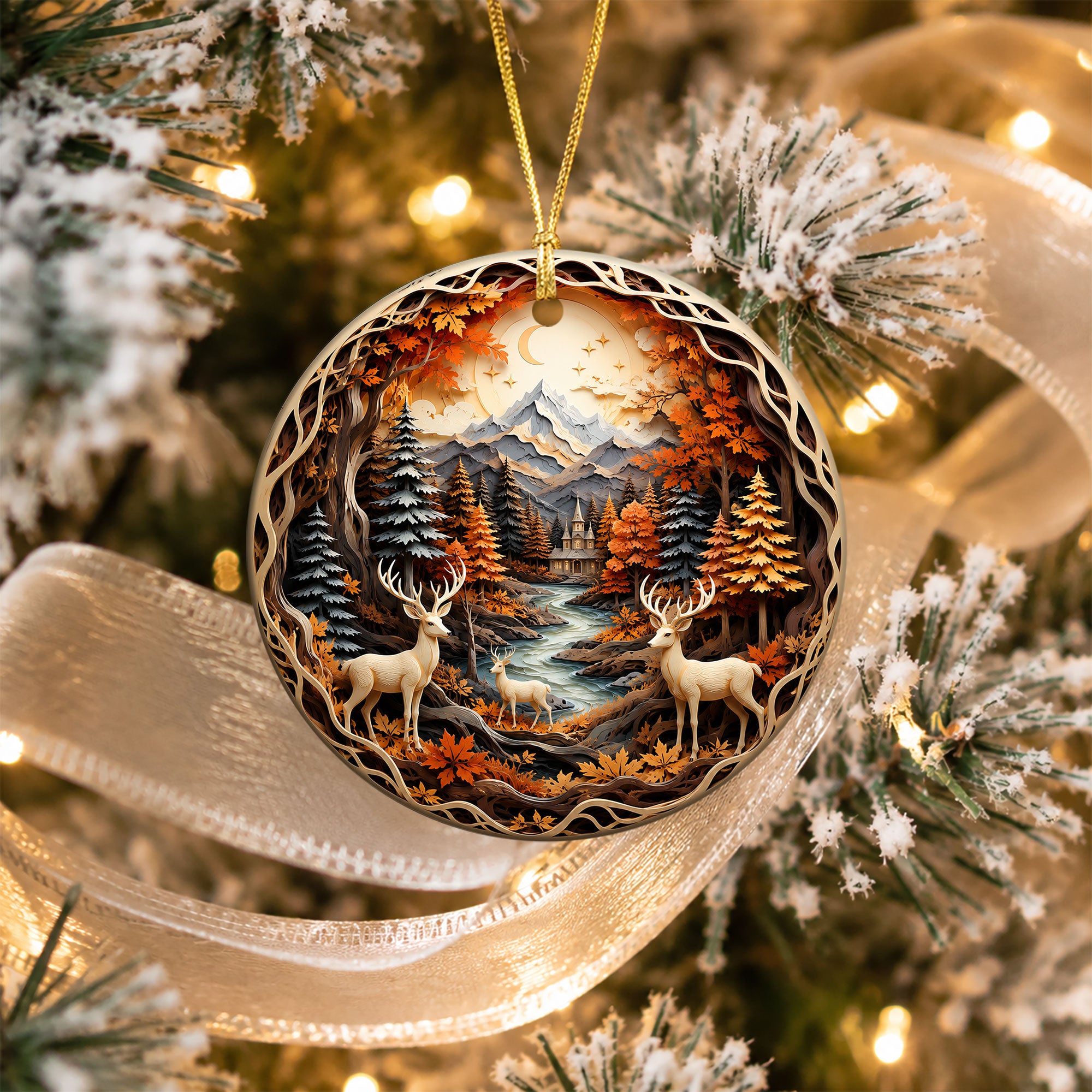 Christmas Deer Ornament 2026, Woodland Forest Christmas Tree Decor, Rustic Holiday Ornament, Winter Cabin Scene