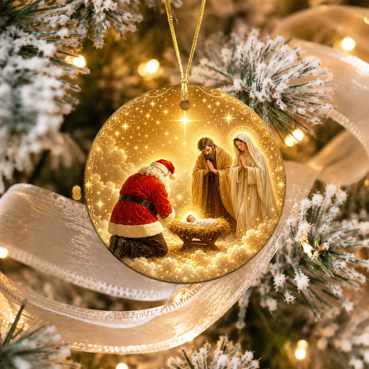 Religious Christmas Ornament 2026 with Santa and Nativity Scene, Baby Jesus Holy Family Christmas Tree Decoration