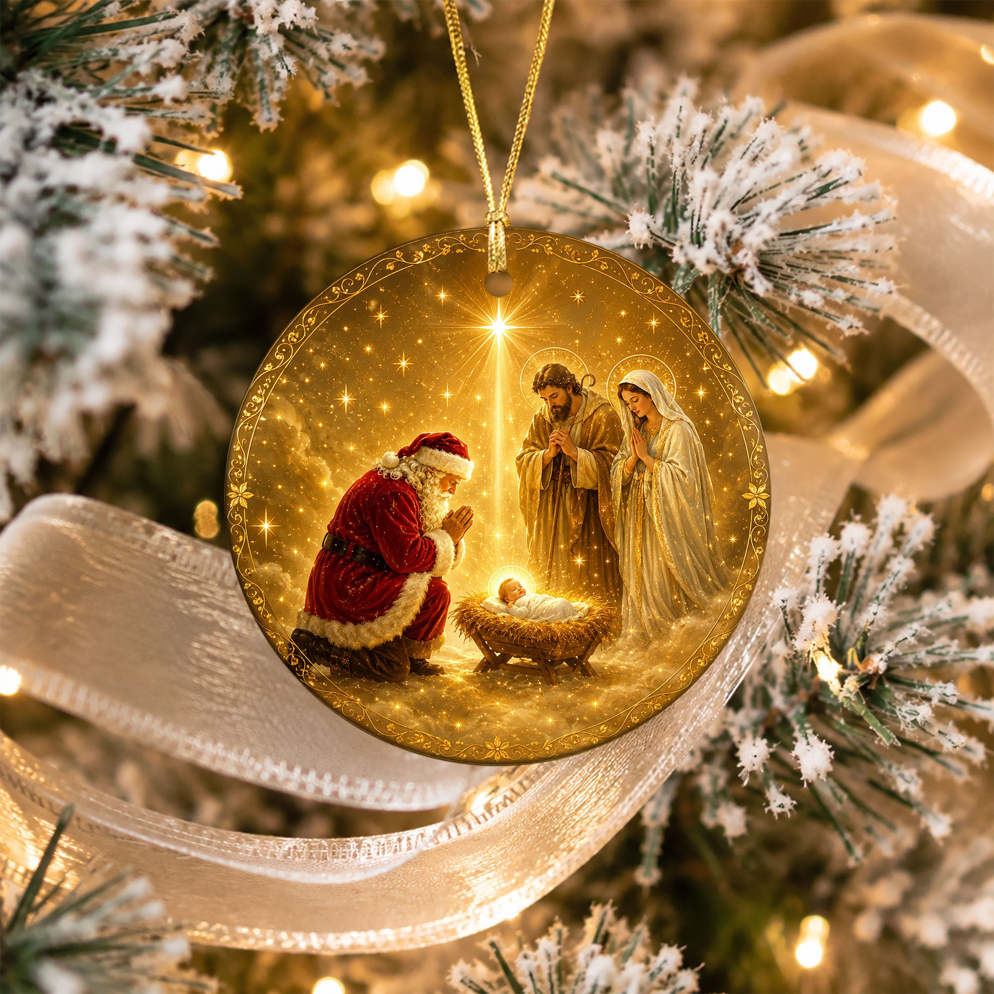 Christian Christmas Ornament 2026, Santa Kneeling Before Baby Jesus, Holy Family Tree Ornament, Religious Christmas Keepsake Gift