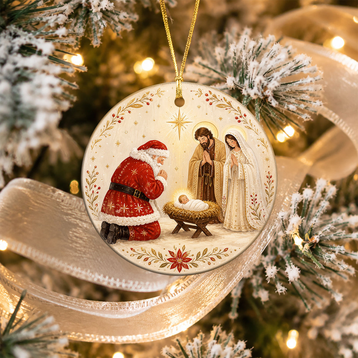 Nativity Christmas Ornament 2026, Santa and Baby Jesus Religious Ornament, Holy Family Christmas Tree Decor