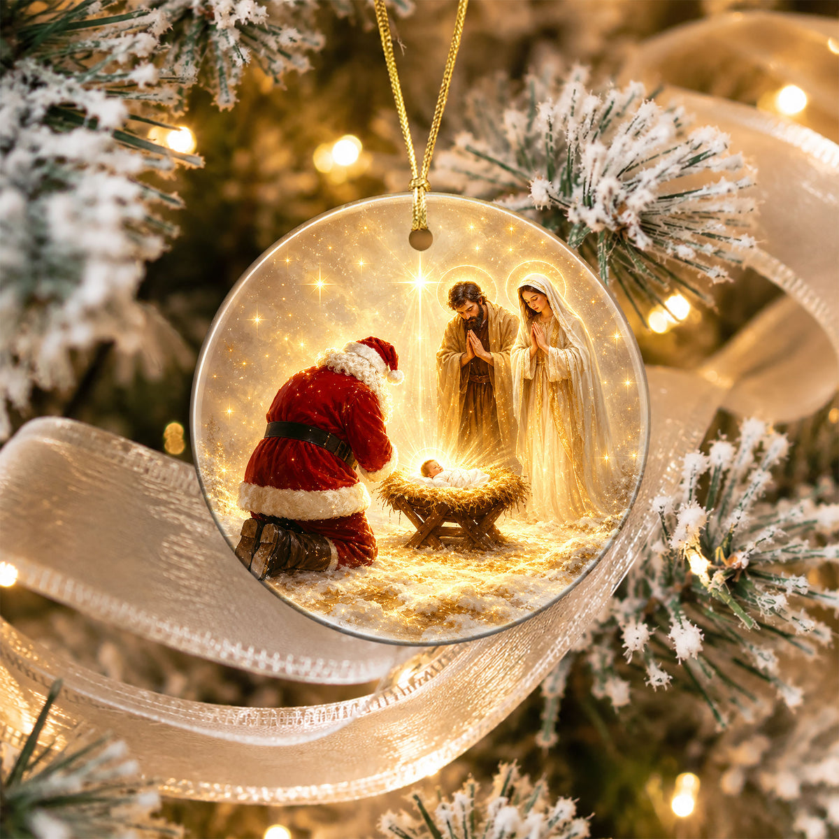 Religious Christmas Ornament 2026 with Santa and Nativity Scene, Baby Jesus Holy Family Christmas Tree Decoration, Christian Gift