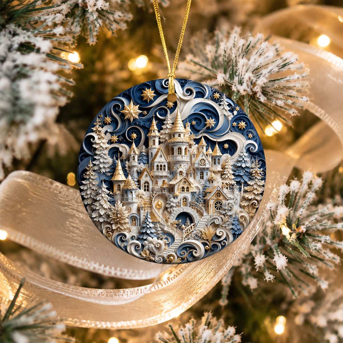 Blue Winter Christmas Ornament 2026, Snowy Castle Tree Ornament, Christmas Village Holiday Decoration