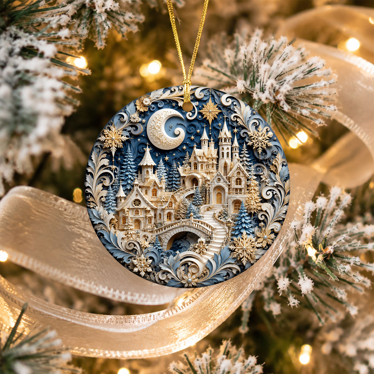 Snowy Christmas Village Ornament 2026, Blue Castle Christmas Tree Decor, Holiday Ornament Keepsake, Winter Christmas Gift for Loved Ones