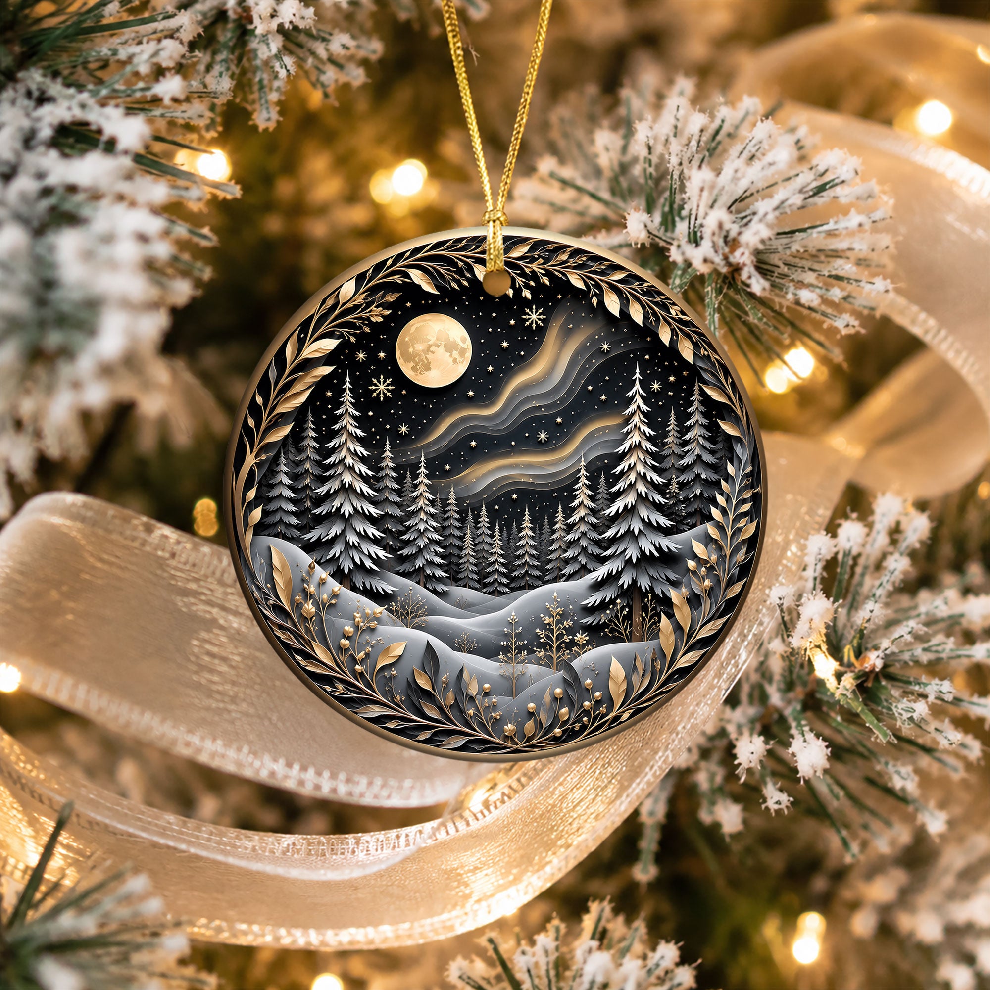 Christmas Tree Ornament 2026, Winter Forest Scence Ornament, Gold Black Christmas Decor, Holiday Keepsake Gift for Family and Friends
