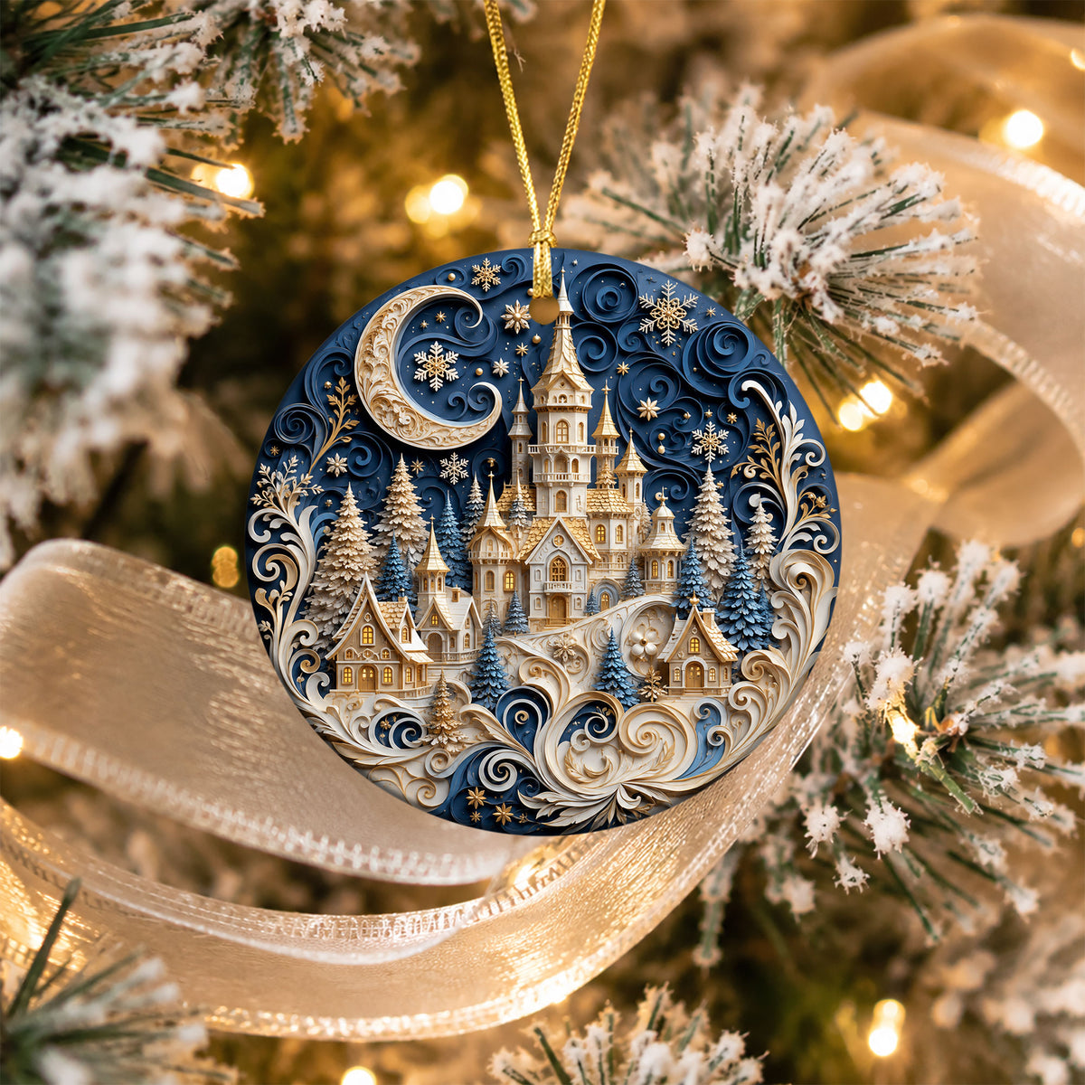 Blue Christmas Castle Ornament 2026, Winter Castle Christmas Ornament, Snowy Village Tree Decor, Holiday Keepsake Gift