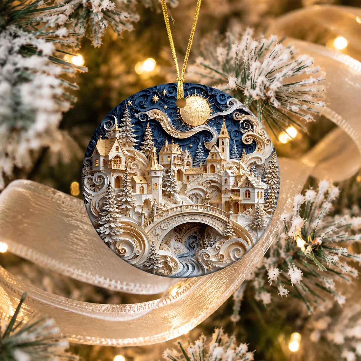 Winter Castle Christmas Ornament 2026, Blue and White Christmas Tree Ornament, Snowy Holiday Village Decor, Festive Keepsake Gift for Family