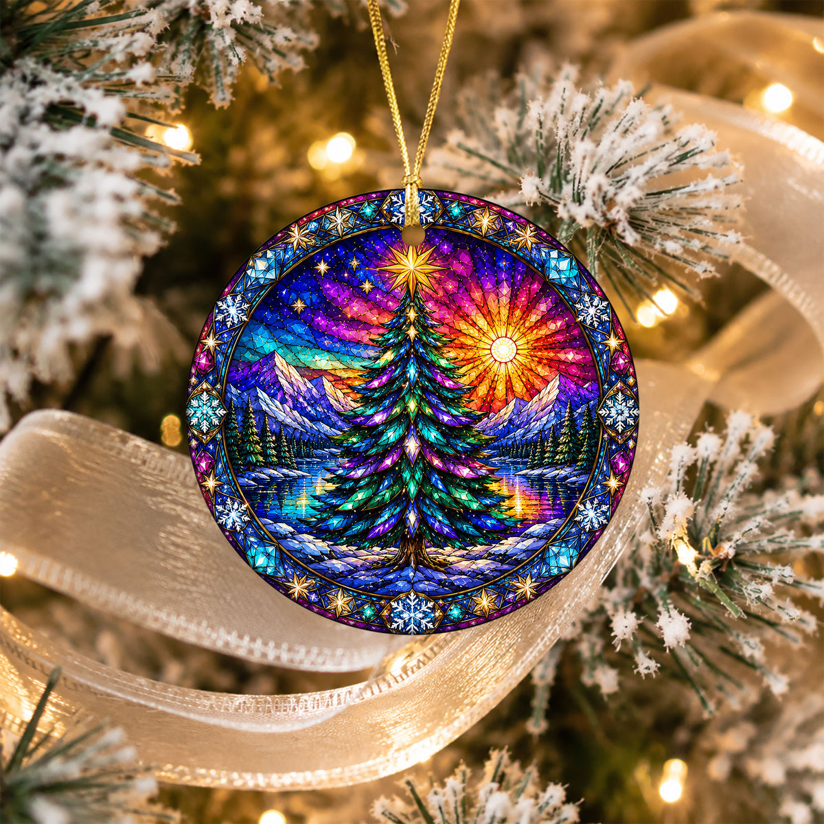 Colorful Stained Glass Christmas Tree Ornament 2026, Winter Mountain Lake Suncatcher Style, Holiday Decor