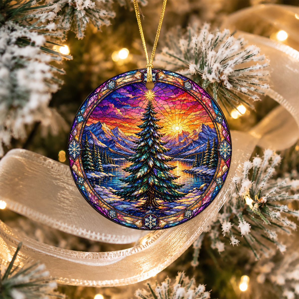 Colorful Christmas Tree Ornament 2026, Stained Glass Style Holiday Ornament, Winter Landscape Decor