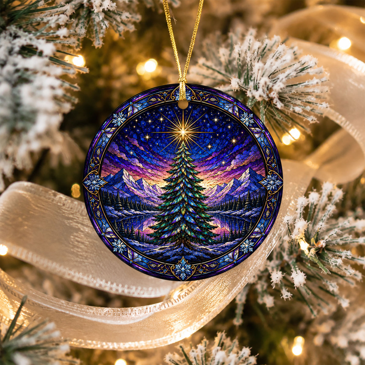 Christmas Tree Suncatcher Style Ornament 2026, Colorful Winter Mountain Scene Decoration