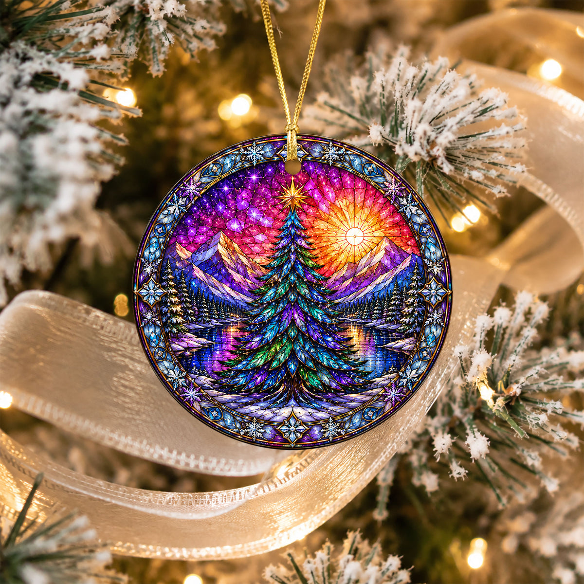 Stained Glass Style Christmas Ornament 2026, Colorful Evergreen Tree with Mountain Lake, Holiday Tree Decoration