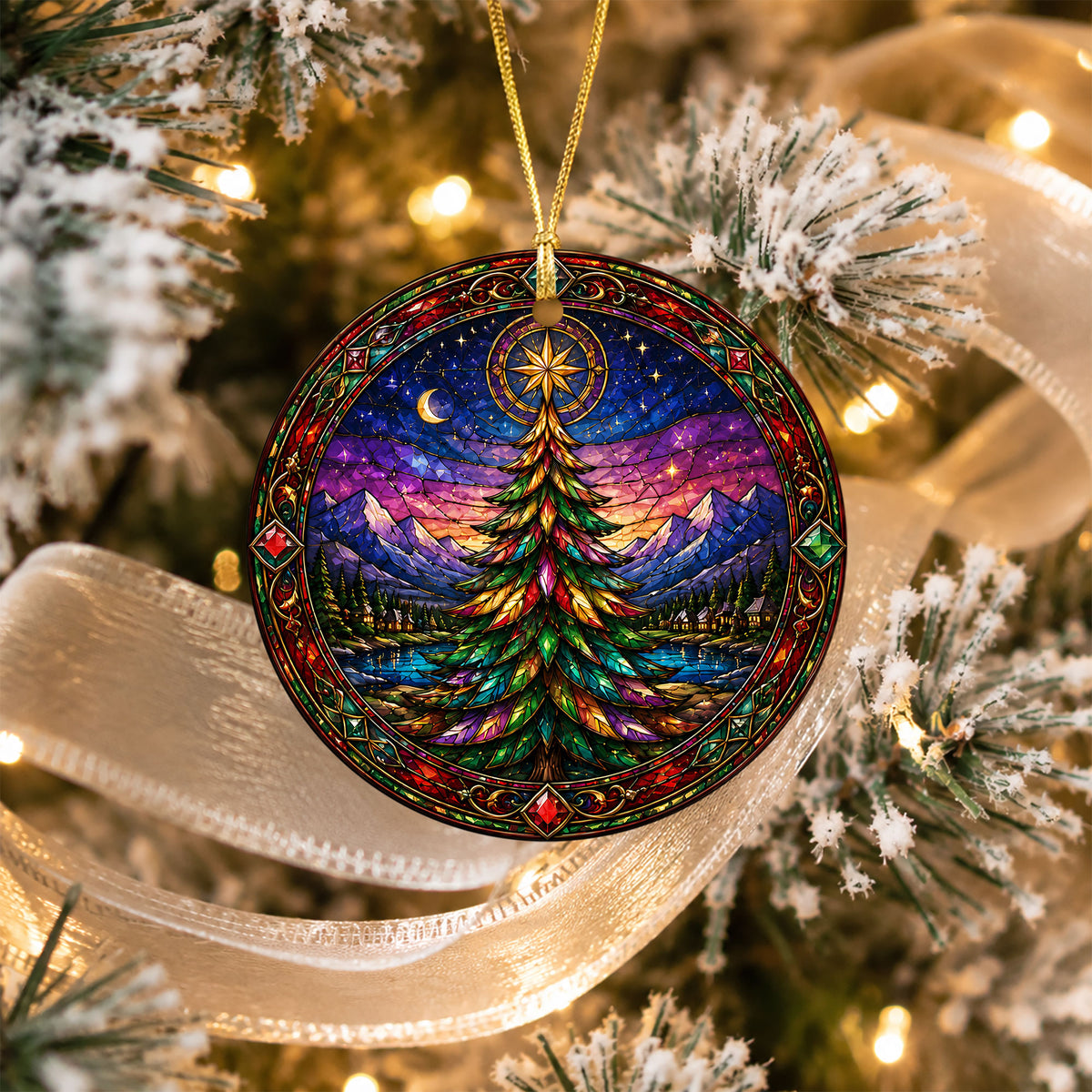 Christmas Tree Holiday Ornament 2026, Colorful Stained Glass Inspired Winter Scene, Festive Christmas Decoration