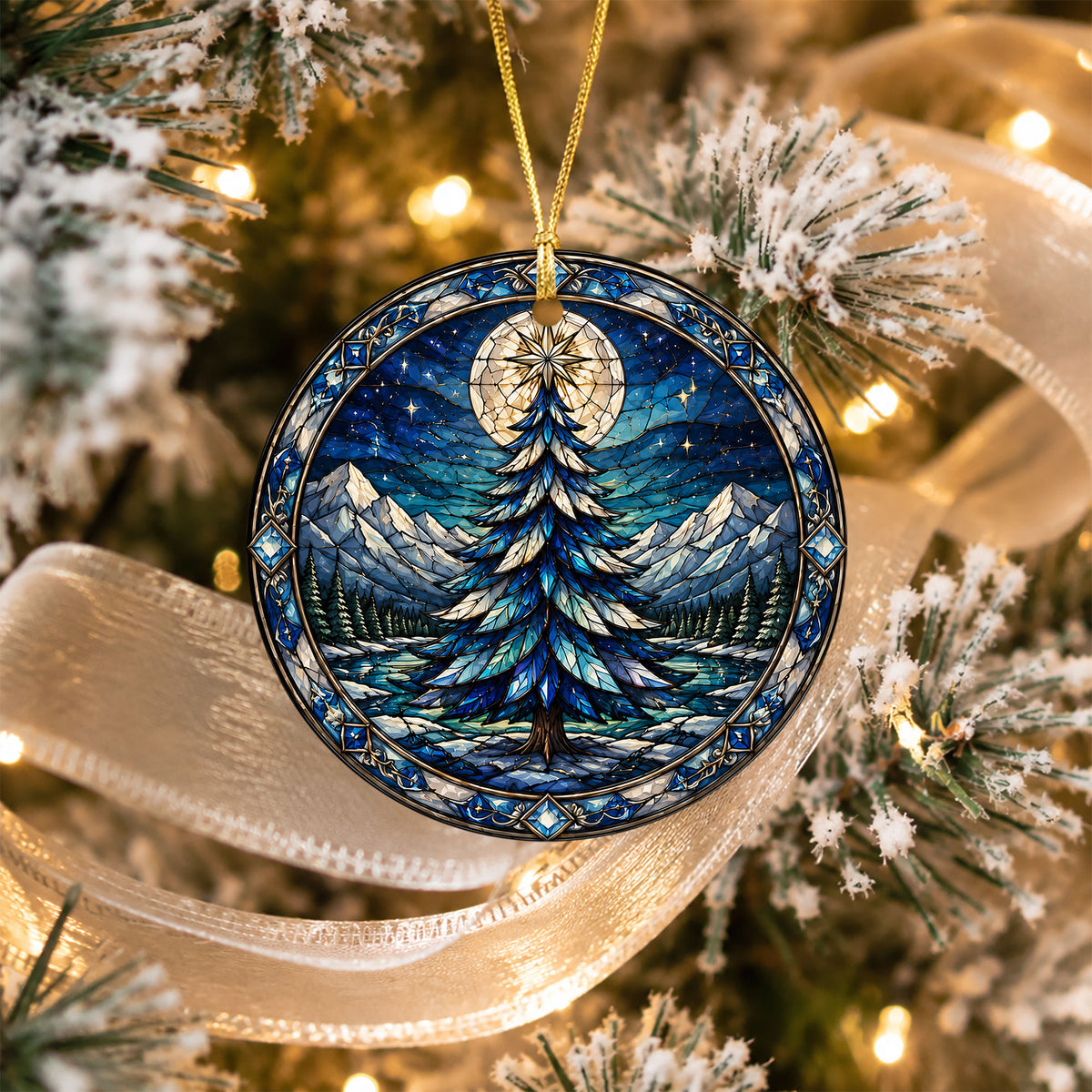 Winter Christmas Tree Ornament 2026, Colorful Mountain Landscape Holiday Decor, Stained Glass Inspired Christmas Gift