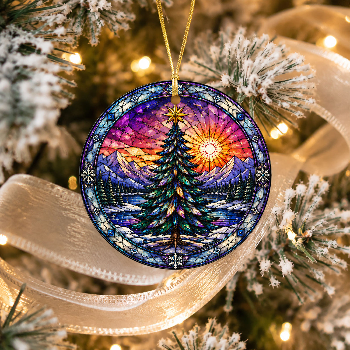 Christmas Ornament 2026 with Colorful Christmas Tree, Winter Lake Landscape Decoration, Holiday Tree Keepsake