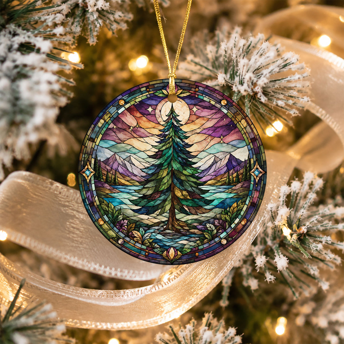 Vintage Christmas Tree Ornament 2026, Holiday Winter Landscape Decor, Stained Glass Inspired Christmas Keepsake