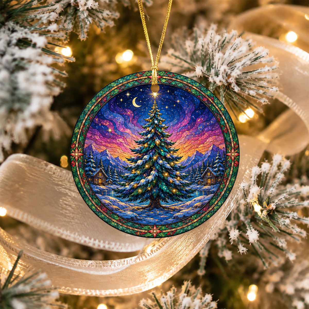 Stained Glass Inspired Christmas Tree Ornament 2026, Colorful Holiday Winter Landscape Decoration