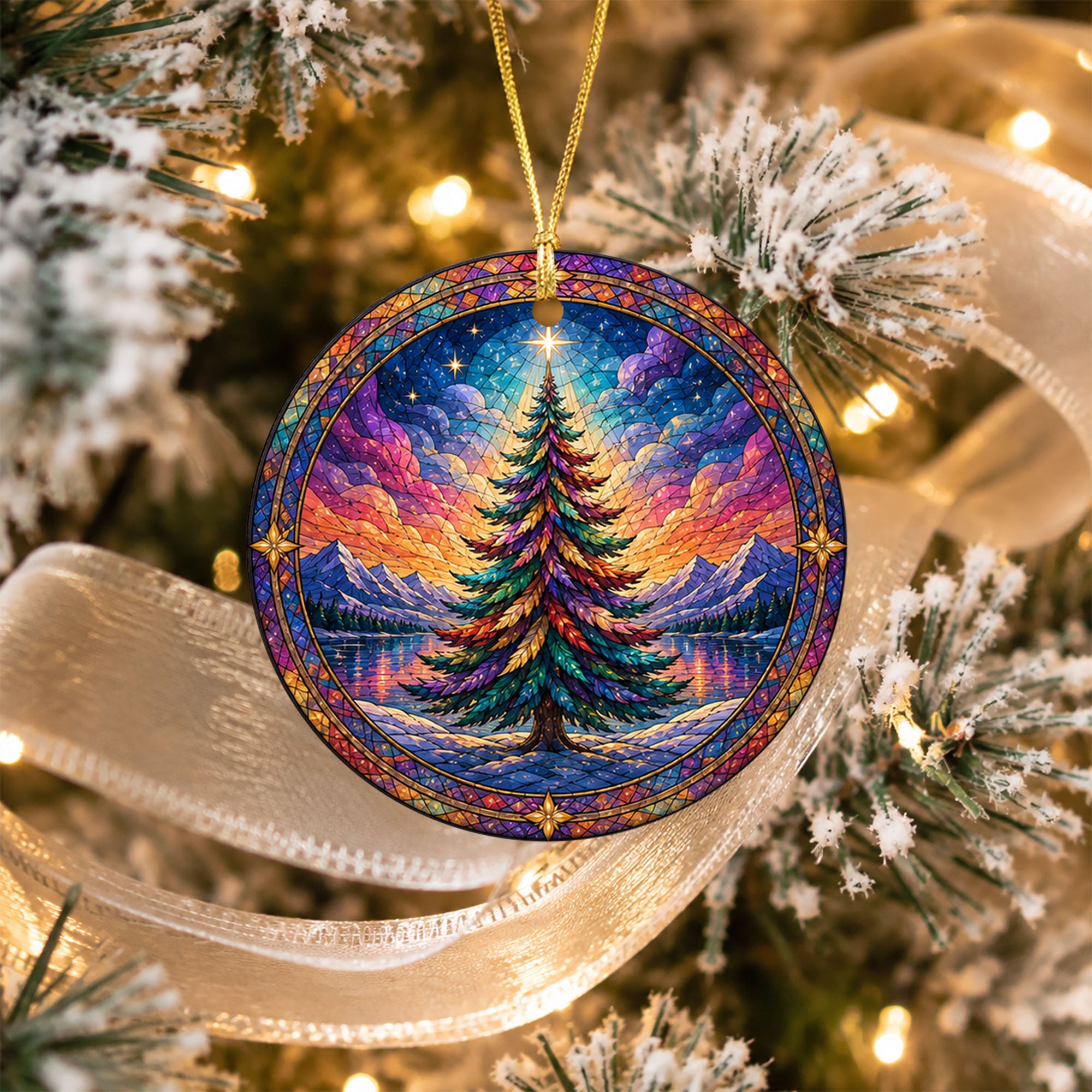 Colorful Stained Glass Style Christmas Tree Ornament 2026, Winter Mountain Lake Suncatcher Style