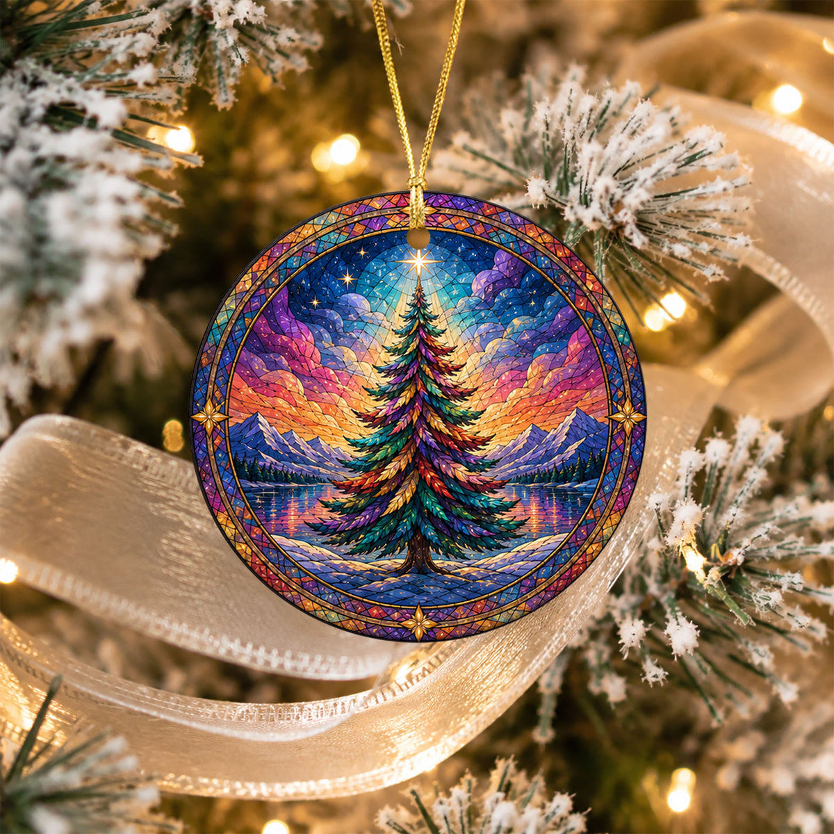 Colorful Stained Glass Style Christmas Tree Ornament 2026, Winter Mountain Lake Suncatcher Style