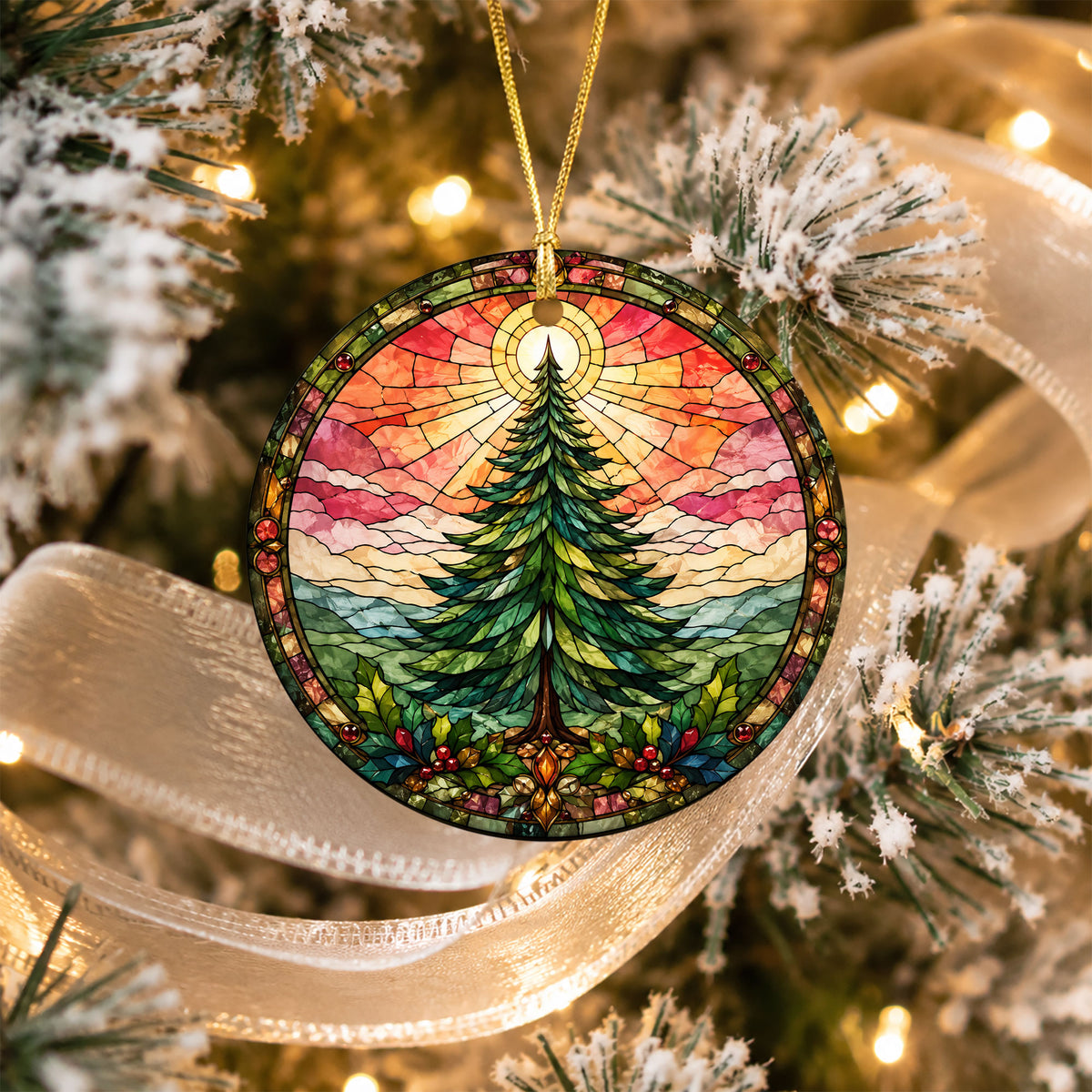 Winter Christmas Tree Ornament 2026, Vintage Chrismas Tree Holiday Decoration, Stained Glass Inspired Christmas Tree Keepsake Gift