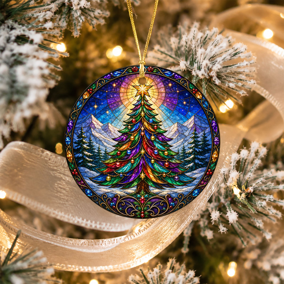 Colorful Stained Glass Christmas Tree Ornament 2026, Rainbow Evergreen Winter Mountain Scene, Holiday Tree Decoration