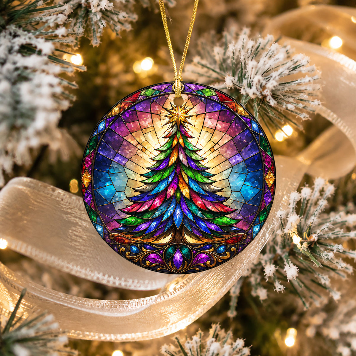 Rainbow Christmas Tree Ornament 2026, Colorful Stained Glass Holiday Decoration, Winter Landscape Christmas Gift