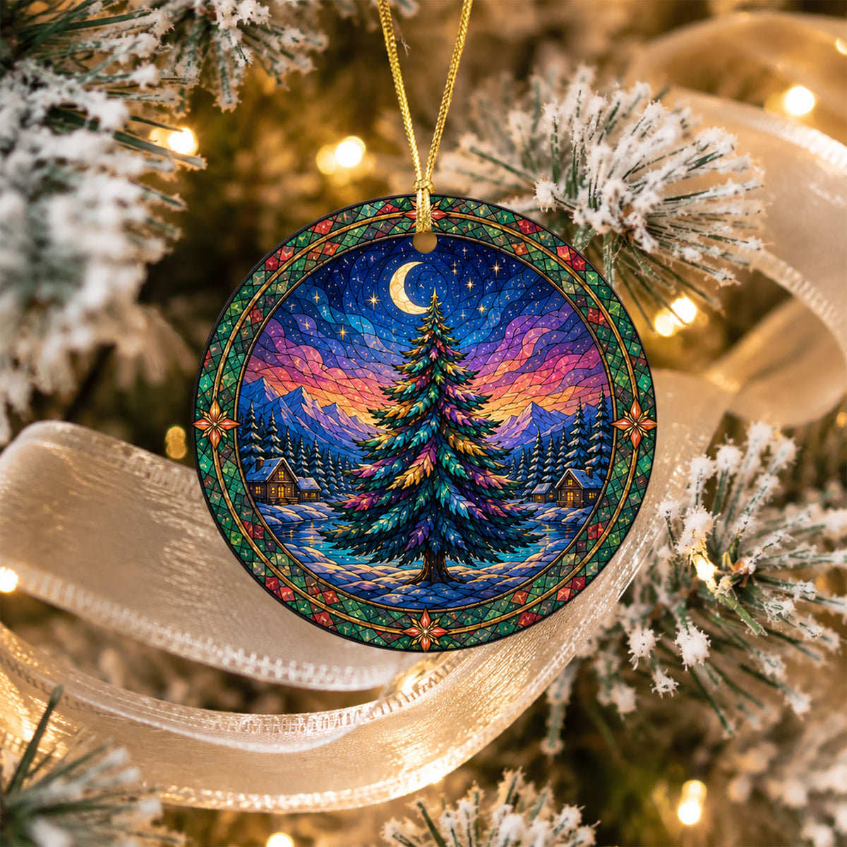 Winter Christmas Tree Ornament 2026, Aurora Sky Christmas Decor, Holiday Ornament, Snowy Mountain Landscape