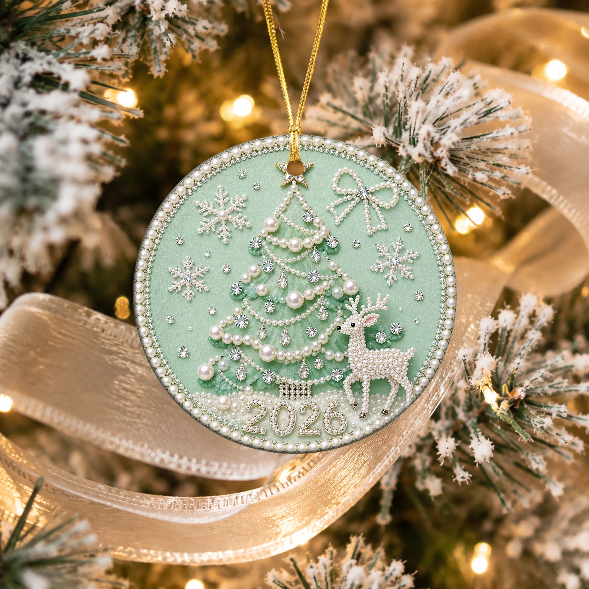 Pearl 2D Design Christmas Tree Ornament 2026, Elegant Deer and Snowflake Holiday Decoration, Christmas Keepsake Gift for Family and Friends