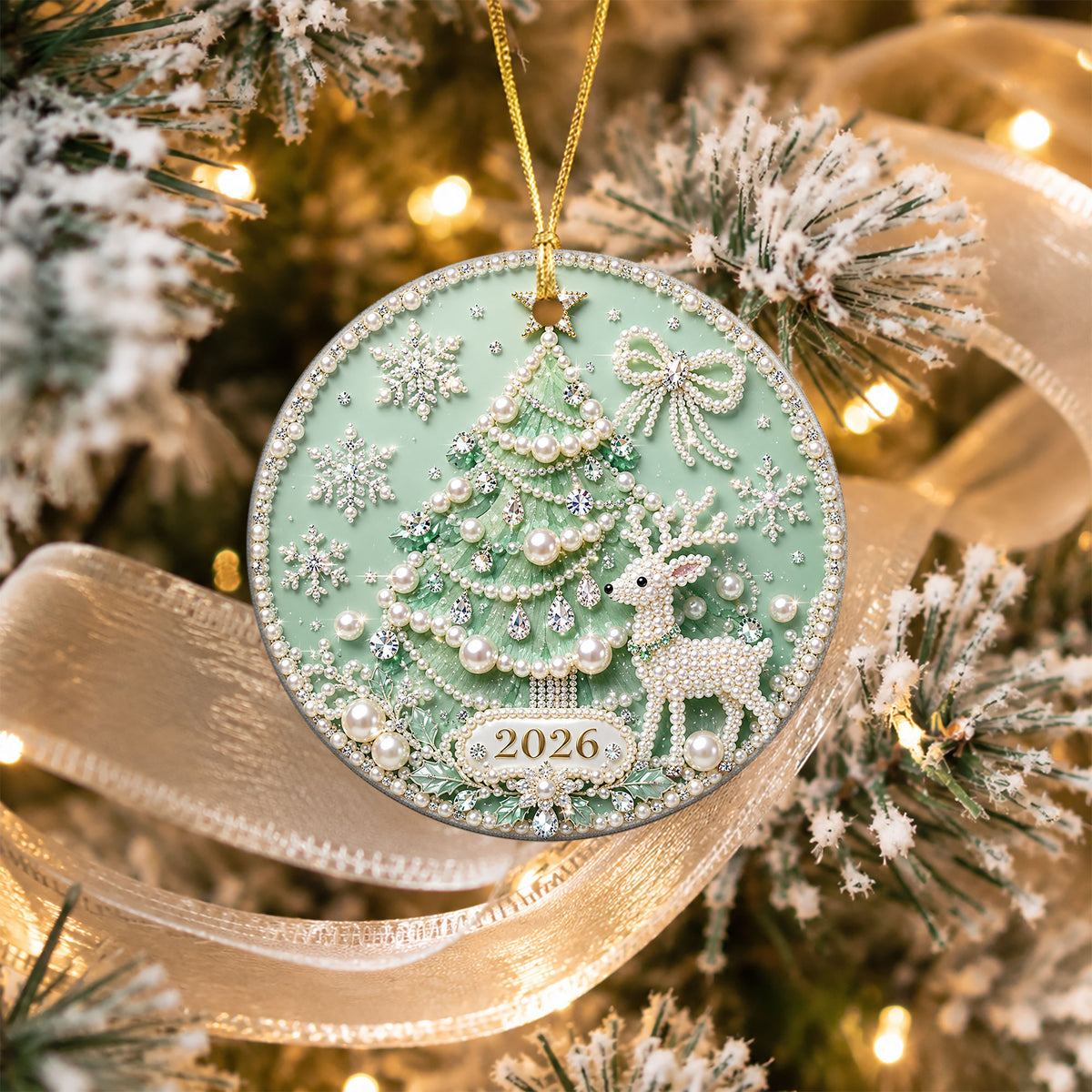 Elegant Christmas Ornament 2026, Pearl Christmas Tree with Deer and Snowflakes, Holiday Tree Decoration, Christmas Keepsake Gift