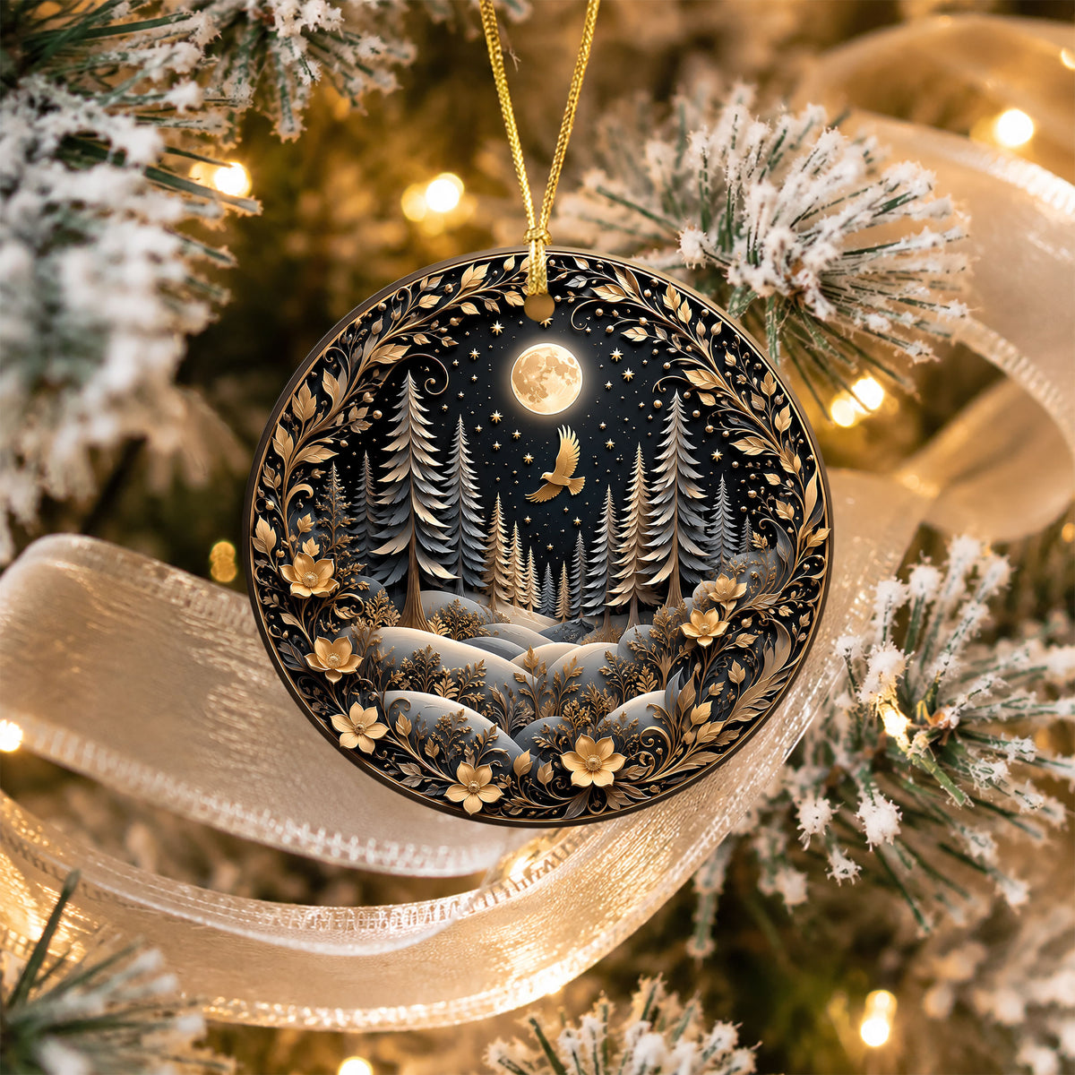 Winter Forest Christmas Ornament 2026, Moon Night Woodland Christmas Tree Decor, Nature Inspired Holiday Ornament