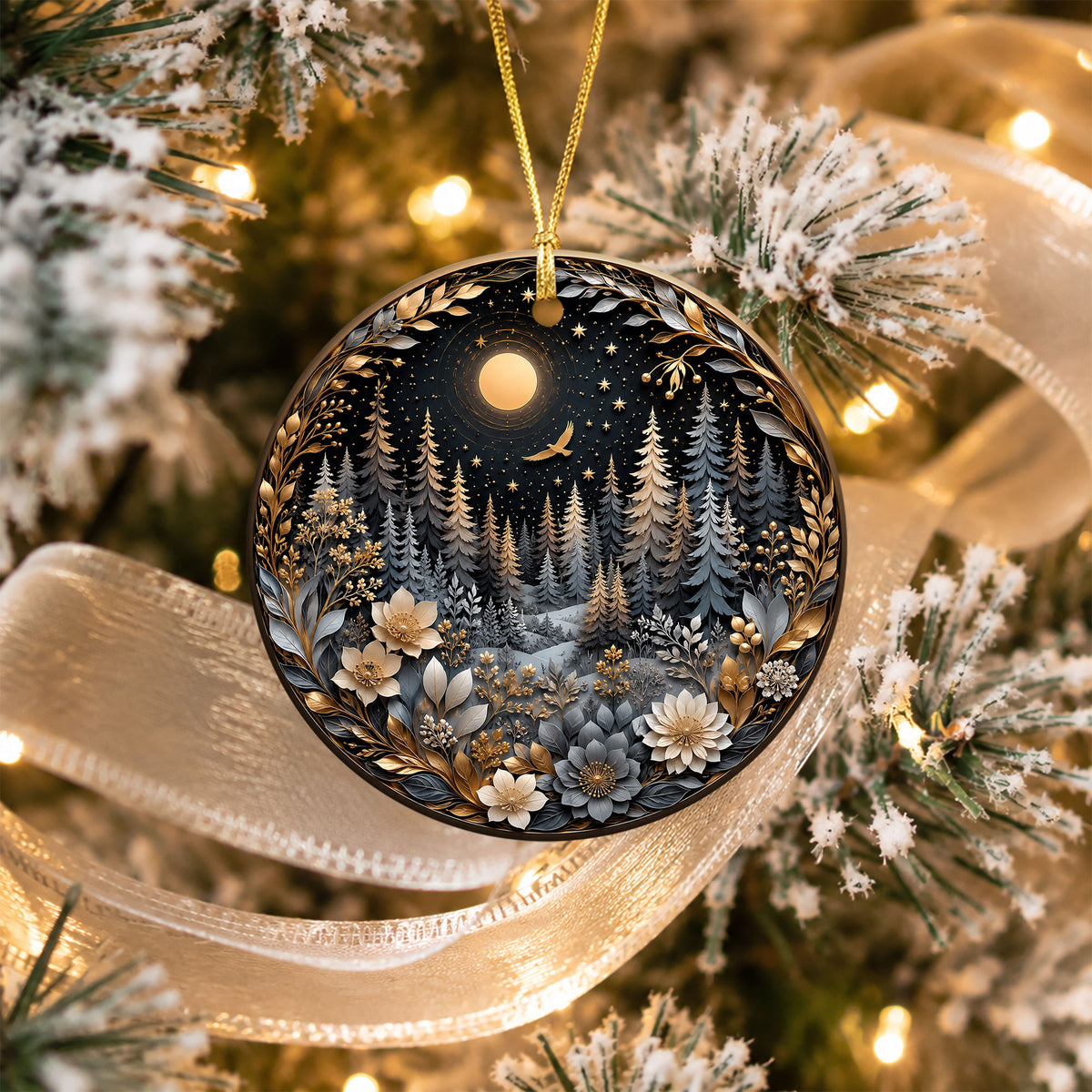 Winter Forest Christmas Ornament 2026, Moon Night Woodland Christmas Tree Decor, Nature Inspired Holiday Ornament