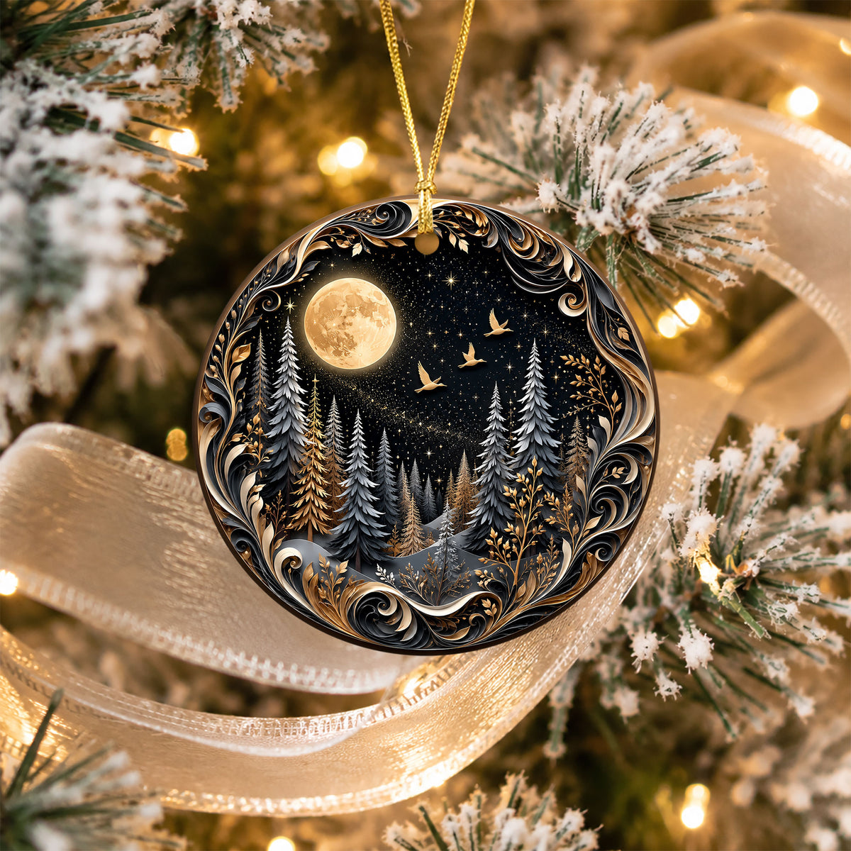 Christmas Forest Ornament 2026, Moonlit Pine Trees Holiday Decoration, Woodland Christmas Keepsake, Winter Nature Gift for Friends and Family
