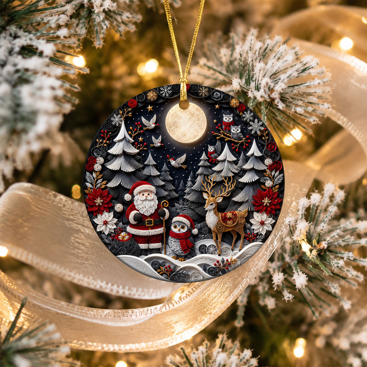 Santa Woodland Christmas Ornament 2026, Owl Deer Robin Winter Forest Cabin Christmas Tree Decoration, Holiday Keepsake Gift for Family