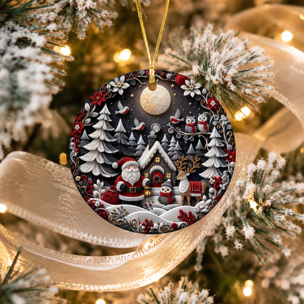 Holiday Christmas Ornament 2026, Santa Owl Deer Robin Forest Cabin Winter Scene, Christmas Tree Decoration, Festive Keepsake Gift