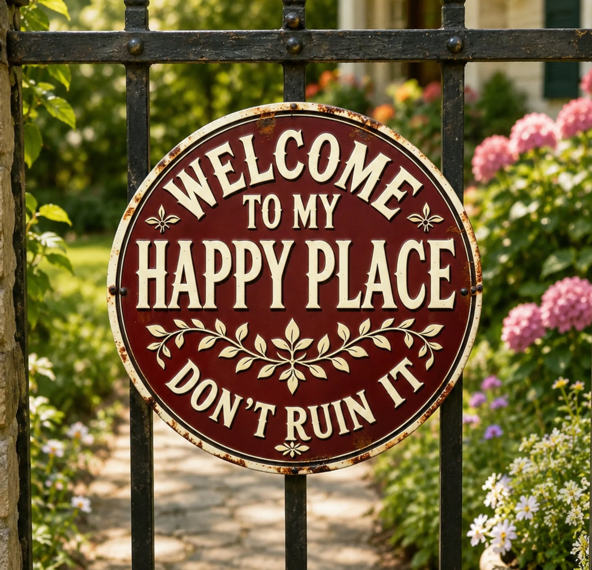 Outdoor Rustic Garden Decor, Welcome to My Happy Place Metal Sign, Vintage Garden Metal Sign For Family