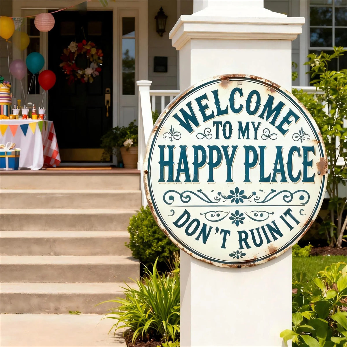Welcome To My Happy Place Sign, Vintage Rustic Metal Sign, Farmhouse Outdoor Decor